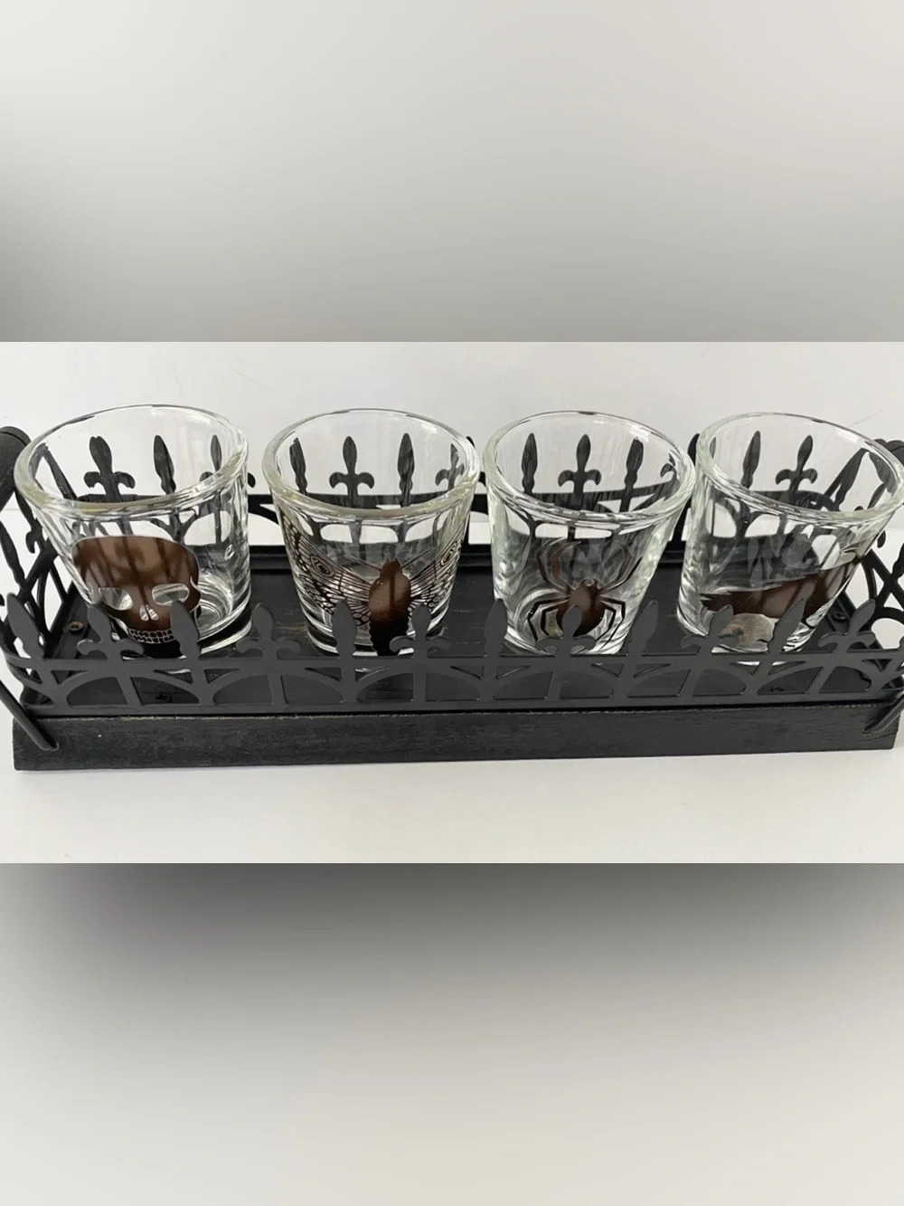 Halloween Theme Shot Glass Set With Holder Raven, Spider, Skull, Butterfly